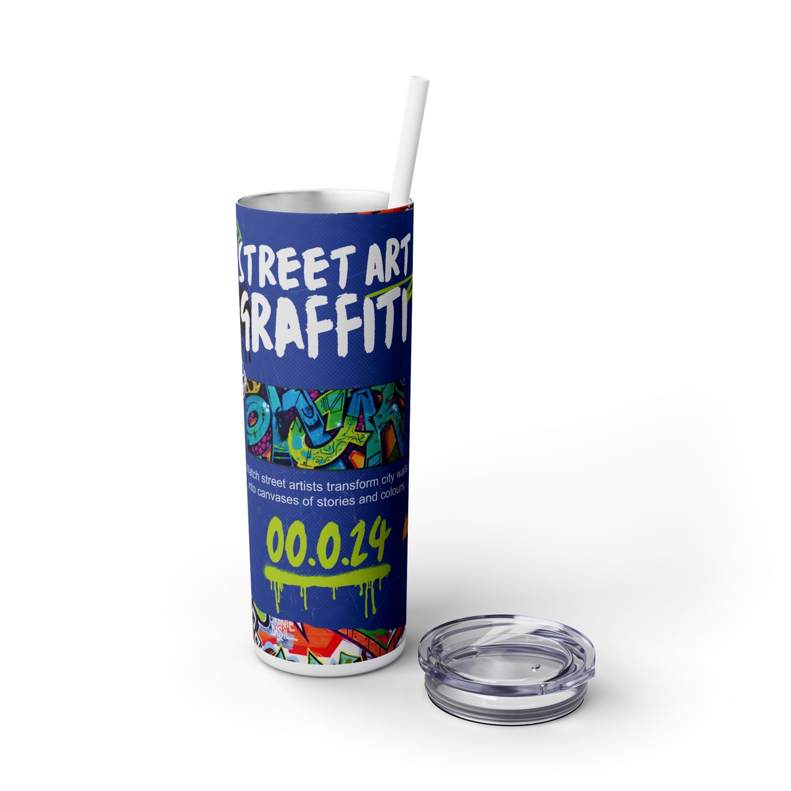 Street Art Skinny Tumbler, 20oz, featuring bold graffiti-inspired design and reusable straw.